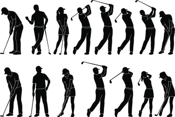 Naklejka premium Set of male and female golf player silhouettes showing swing sequence and poses isolated on white background for sports training design use