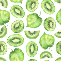 Fototapeta premium Seamless pattern of kiwi slices and leaves white