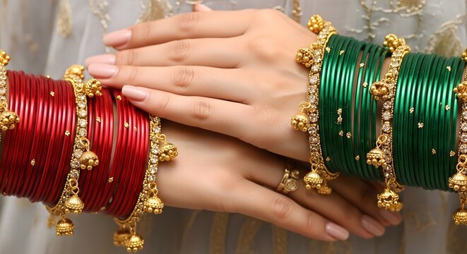 Close-up of two women's hands adorned with traditional red and green glass bangles and gold charms