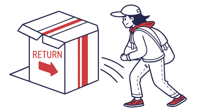Person returning a package with a return label and arrow.