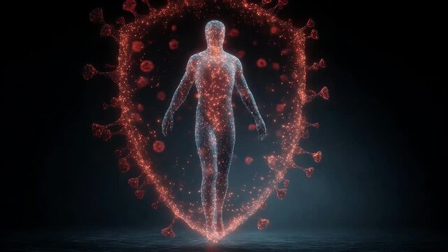 A translucent human figure stands inside a glowing orange shield made of particles; a halo of light surrounds the body against a dark backdrop, creating a sci-fi, protective-digital impression