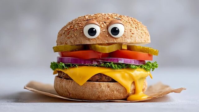 Whimsical cheeseburger with animated eyes and fresh ingredients on rustic paper
