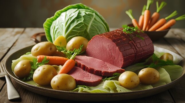 a traditional homemade corned beef and cabbage dish, featuring tender slices of corned beef, crisp green cabbage leaves, and an assortment of carrots and potatoes
