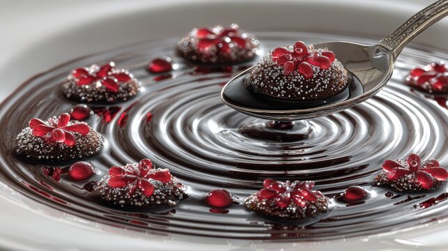small chocolate desserts topped with red edible petals rest on glossy dark chocolate swirl atop white plate, spoon lifts one