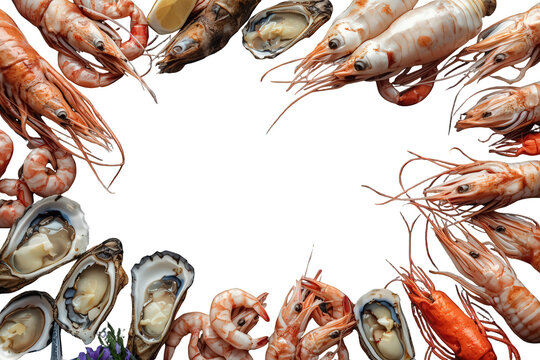 Fresh seafood frame with prawns, shrimp, oysters, and langoustines on transparent background