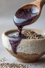 Fototapeta premium Macro close-up of dark purple chia pudding pouring from wooden spoon into speckled ceramic bowl topped with chia seeds, suitable for rustic breakfast visuals and plant-based desserts