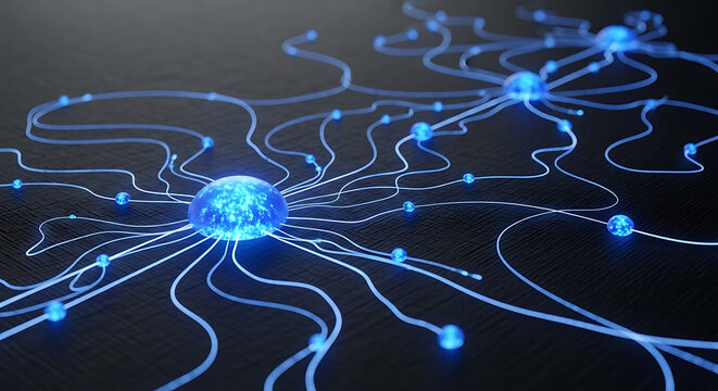 Intricate network of interconnected nodes and glowing pathways in deep space
