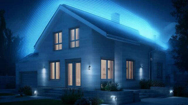 Night view of a modern blue house bathed in cool lighting; luminous blue arc patterns sweep over the roof. Warm window glow, step-lit entry, and neatly landscaped steps frame the home