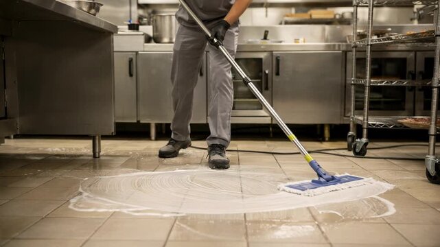 Medium shot of a worker using a highalkaline sanitizer floor cleaner in a commercial kitchen emphasizing hygienic sanitation and safety protocols.
