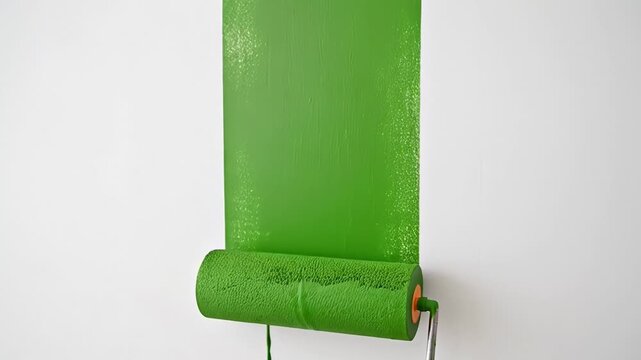 ?Green paint roller creating vertical strokes on white wall in highresolution sequence