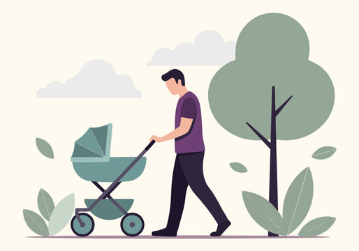 Father walking with baby in stroller in a peaceful park