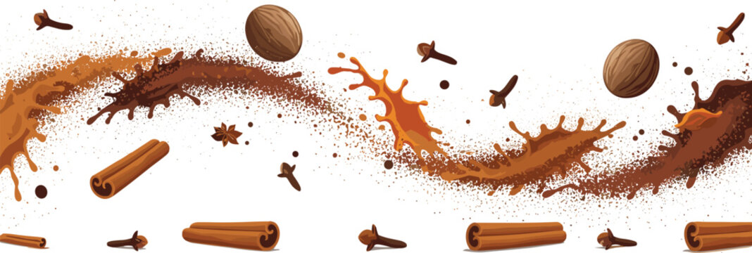 Spices splash with cinnamon sticks cloves and nutmeg on white background for kitchen design food packaging and aromatic cooking concept vector illustration.