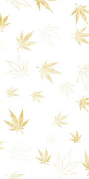 Vertical scattered golden cannabis leaves on transparent background for 420 holiday pattern design. Concept of marijuana culture, festive decoration and luxury backdrop.