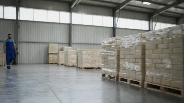 Medium shot of palletized soaps neatly stacked on racked shelving in a spacious warehouse ready for distribution.