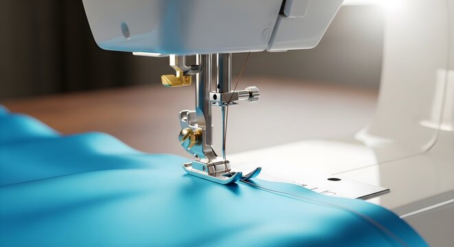 Close-up of a modern white sewing machine stitching vibrant blue fabric with bright light