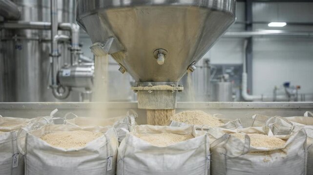 Medium shot focusing on the bagging station below a spray drying tower highlighting the collection and packaging of freshly formed powder granules from the drying process.