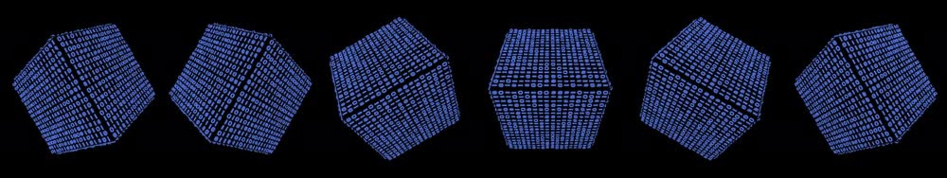Wide-format 3D animation of cubes formed from rotating zeros and ones. Dynamic digital structures create a futuristic data-driven scene, perfect for technology visuals, coding themes