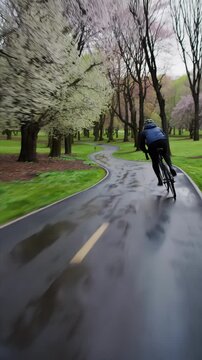 Rear view of a cyclist in a blue jacket riding along a wet park path, lined with blooming trees; motion blur conveys speed and a calm spring mood
