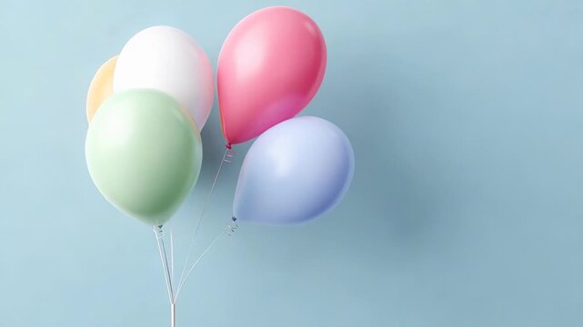 Colorful birthday balloons against soft blue background with festive celebration message