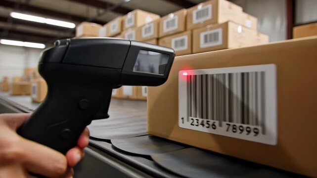 ?Scanning barcodes on conveyor belt in warehouse with handheld scanner