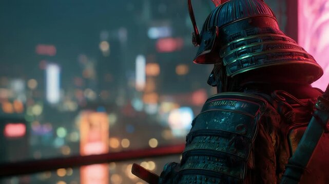 Futuristic armored warrior stands on a rooftop, gazing at a neon city. Blue and red lights wash over layered metal plates and spikes as the blurred skyline glows.
