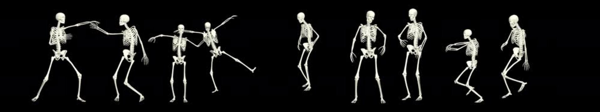 Wide-format 3D animation of dancing skeletons moving rhythmically in a dark, stylized environment. Playful yet spooky characters create a cinematic loop perfect for Halloween, parties