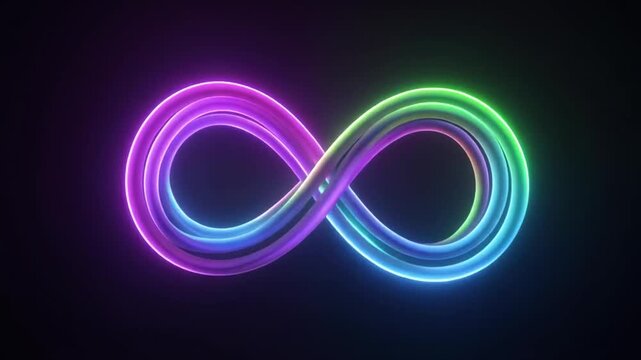 Glowing neon infinity symbol with pink, blue, and green colors on a black background, representing eternity and limitless possibilities