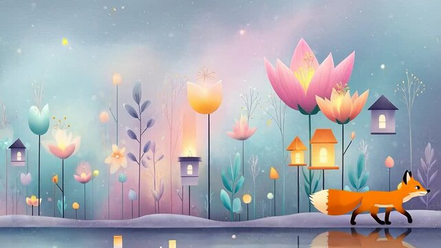 ?Charming walk: fox strolls through enchanting floral wonderland