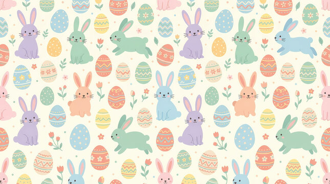 seamless easter pattern, flat design, pastel color palette, minimal rabbits and decorated eggs