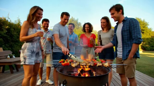 Group of friends roasting hot dogs and vegetables on a fire pit on a wooden deck in a backyard during a casual summer gathering