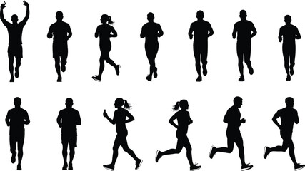 Fototapeta premium Collection of running silhouettes featuring men and women jogging in different poses isolated black vector illustration for fitness sport design use