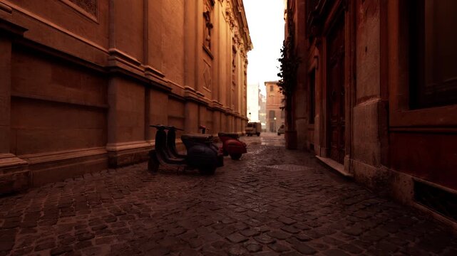 Secluded passage with bollards and aged stone walls dramatic perspective highlights rough cobble texture deep color palette conveys solitude and heritage ideal