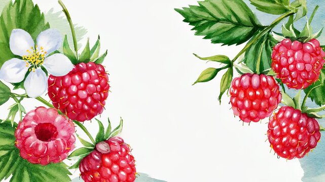 Watercolor illustration of ripe raspberries with green leaves and delicate blossoms, perfect for food backgrounds and botanical designs.
