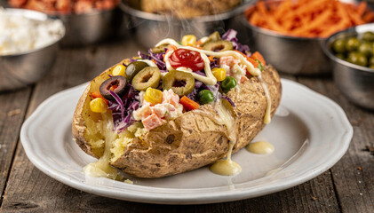 Flavorful Baked Potato with Diverse Toppings on Rustic Wooden Table