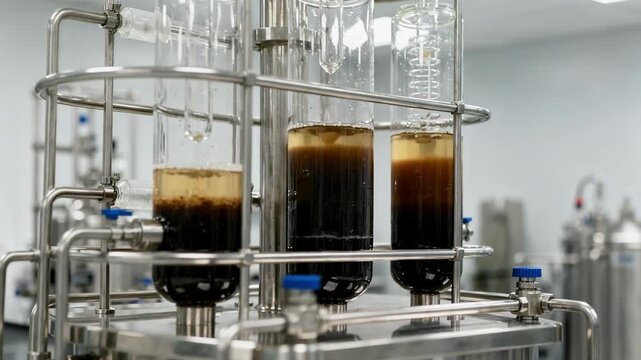 Medium shot of a batch still solvent recovery distillation unit with clear glass columns separating reusable solvent from waste mixtures in a controlled recycling process.