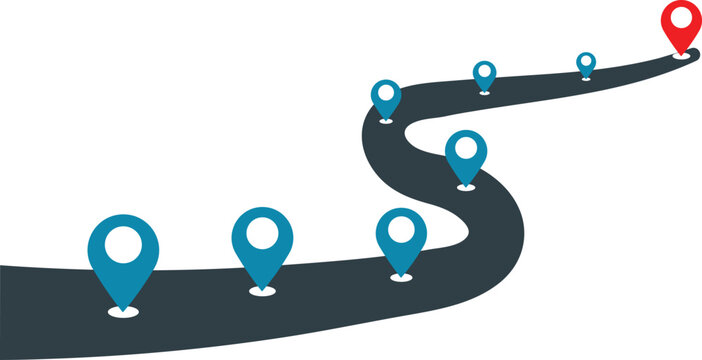 Road map infographic with pointer pins representing navigation route timeline showing success journey path progress way forward to finish point destination goal achievement business development