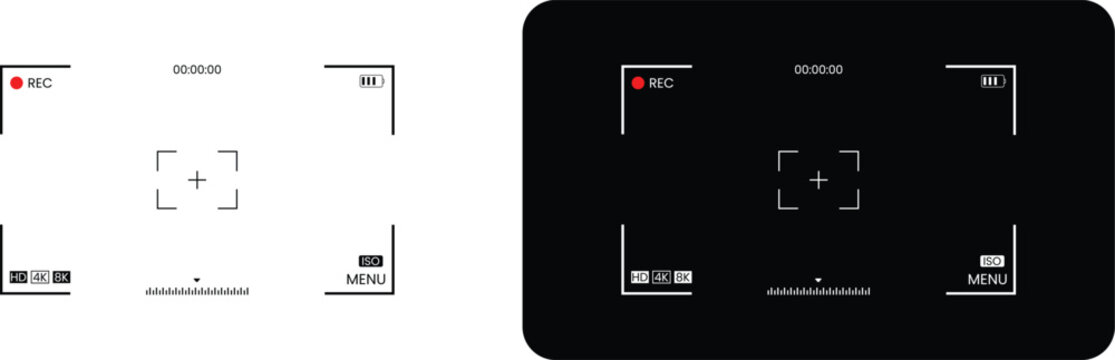 Camera viewfinder frame screen overlay with digital display recording indicators focusing brackets and video interface elements for photography cinematography and professional media production