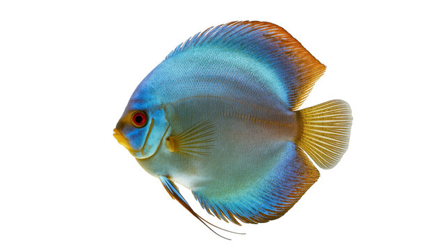 A strikingly beautiful blue discus fish with vivid fins and graceful swimming motion