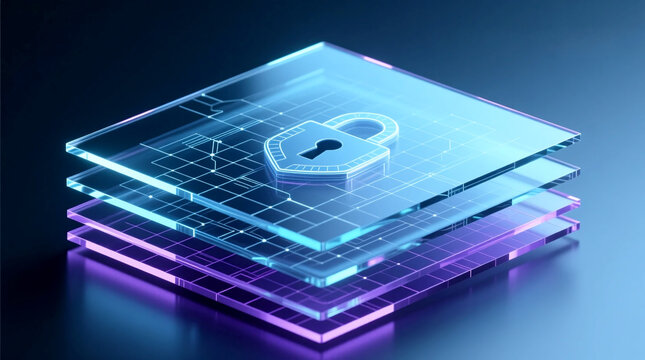 Abstract layered encryption architecture glass effect visualizing advanced quantum cybersecurity for robust digital data protection and secure future network systems