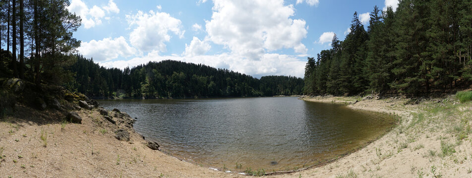Ottenstein lake bay in Waldviertel with sandy shore and dense woodland, wide panoramic view under blue sky