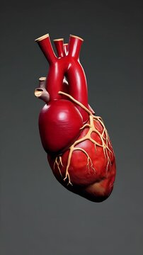 Detailed 3D model of a human heart with visible arteries, set against a dark gray background; realistic red tissue tones and a glossy, anatomical look