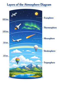 Earth Atmosphere Layers Diagram Showing Troposphere to Exosphere with Altitude
