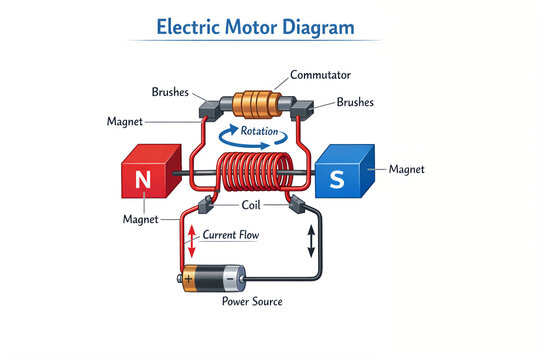 Electric Motor Working Principle Diagram with Coil Magnet and Commutator