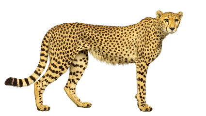 Fototapeta premium A majestic adult cheetah with beautiful spotted fur standing still and looking at the camera