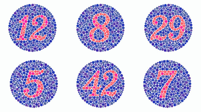 Set of color blindness test circles showing numbers twelve eight twenty nine five forty two and seven in pink dots, concept for ophthalmology diagnosis, vision screening and medical education
