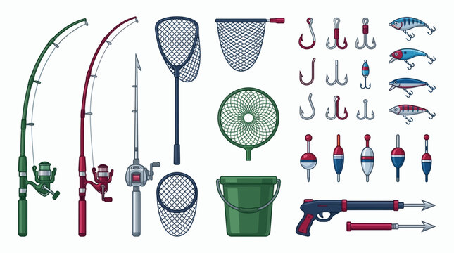 various fishing gear equipment collection featuring rods with reels landing nets lures hooks and bucket isolated on white background, concept for hobby activities outdoor recreation and sports shop