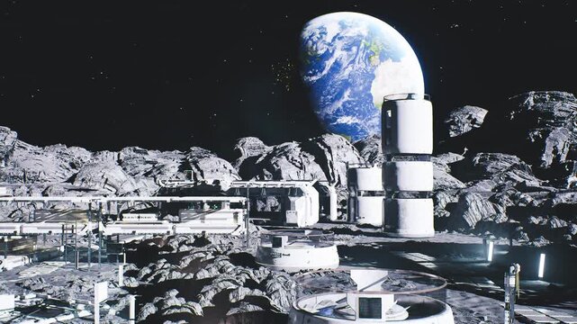 Lunar residential module cluster with Earthrise at dusk, compact living pods, connecting walkways, subdued lighting, domestic silhouettes implied, calm communal