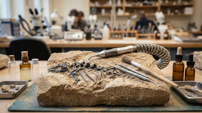 Fossil preparation tools with air scribes and dental picks on sandstone matrix