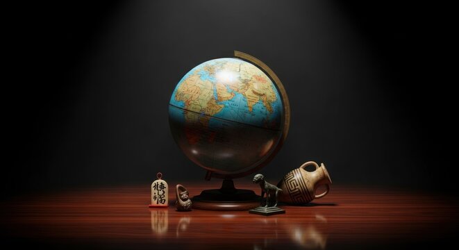 a collection of items with diverse cultural and historical themes, likely an AI-generated scene intended for educational or decorative inspiration