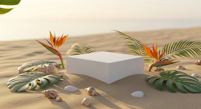 A serene beach scene with a white cube surrounded by tropical plants and seashells